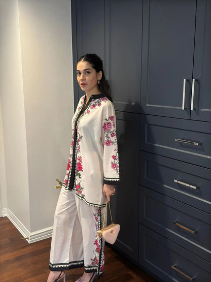 Elegant White Floral Two-Piece Suit