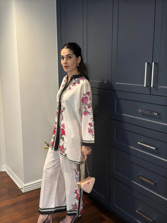 Elegant White Floral Two-Piece Suit