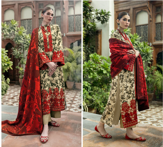 Embroidered Linen Suit with Jacquard Shawl – Red & Beige