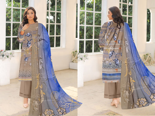 “Elegant Printed Linen 3-Piece Suit with Blue Contrast Dupatta”