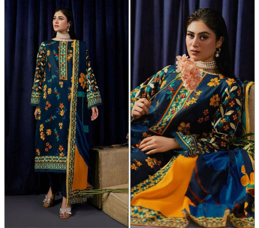 Luxury Linen 3-Piece Suit in Navy Blue with Vibrant Floral Print & Contrast Dupatta