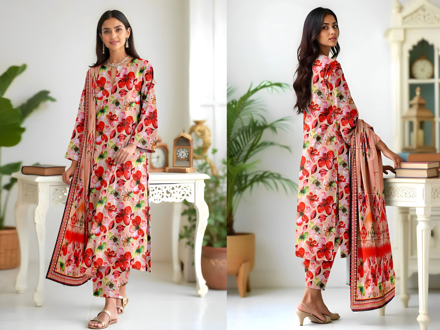 “Floral Viscose 3-Piece Suit with Printed Dupatta”