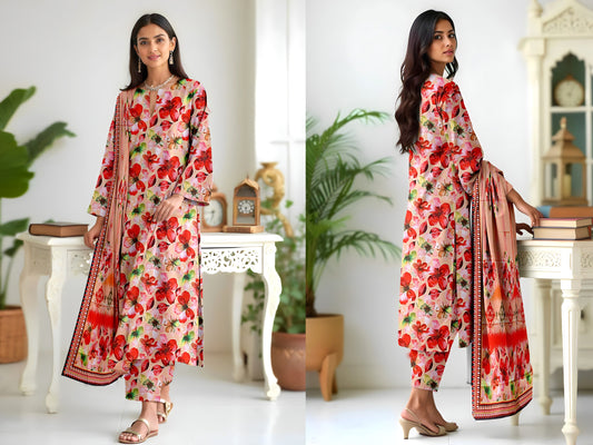 “Floral Viscose 3-Piece Suit with Printed Dupatta”