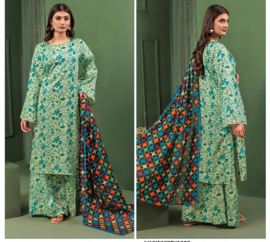 Premium Linen 3-Piece Suit with All-Over Floral Print & Contrast Geometric Dupatta