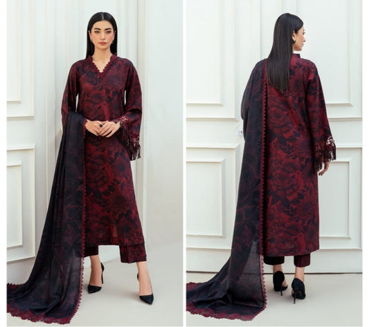 Elegant Maroon Floral Dhanak 3-Piece Suit